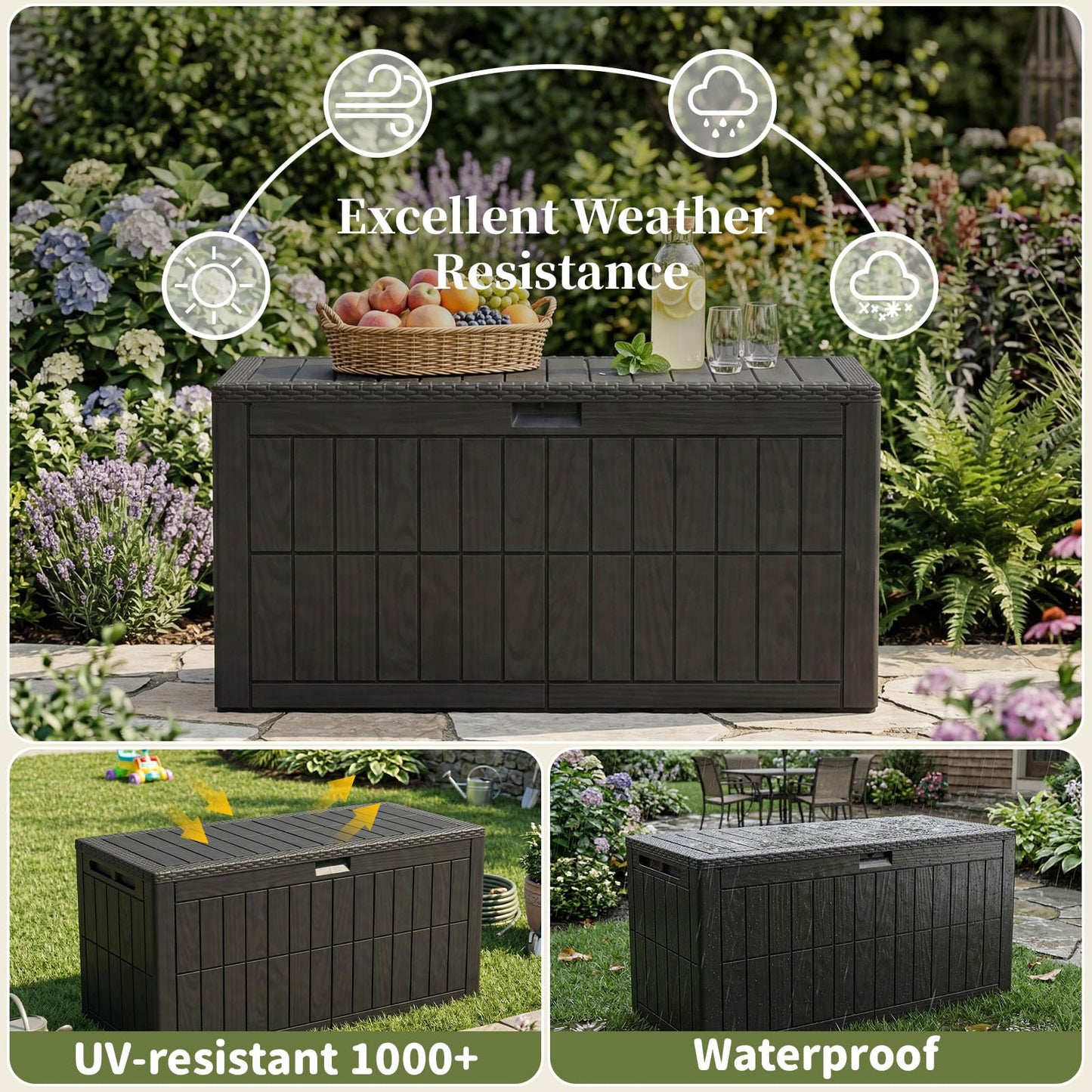 ZOMEYLPO 100 Gallon Outdoor Storage Box, Waterproof Lockable Resin Deck Box with Seat, Patio Furniture Cushion Storage, Garden Tool Organizer & Pool Toy Box, Black
