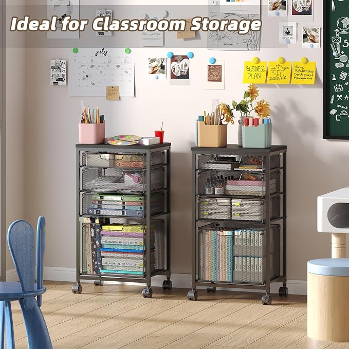 Sbanmao 4 Drawers Rolling Storage Cart, 1 Large Drawer (11.22"D x 12.2"W x 9.84"H) & 3 Small Drawers, Rolling Storage Cart with Lockable Wheels, Craft Storage Cart for Bedroom, Office, Black