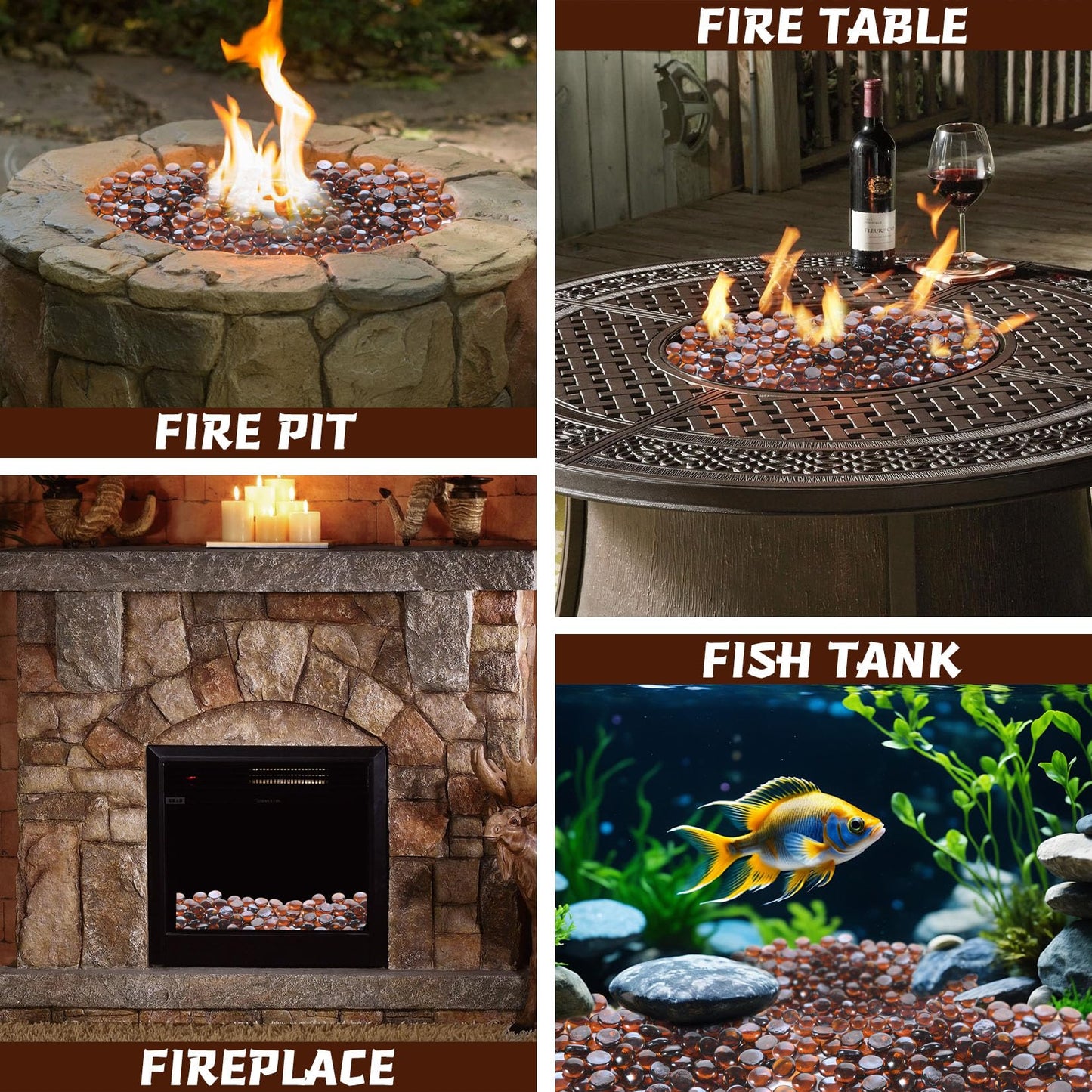 vchin Fire Glass Rocks, Amber Beads for Propane Fire Pit, Fireplace and Outdoor Decorative. 3/4 High Luster 10LB Round Firepit Glass