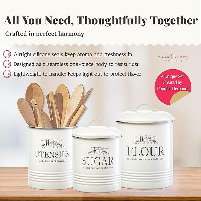 noonberry Kitchen Canisters for Countertop - 3-Piece Airtight Canister Set for the Kitchen Counter with Utensil Holder - Flour Sugar Containers - Cream-White Magnolia Finish