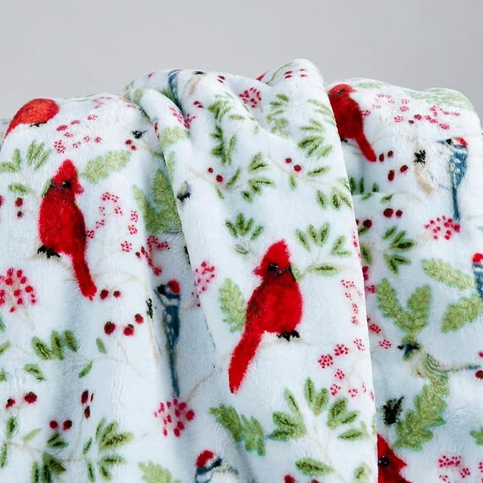 Elegant Comfort Luxury Velvet Super Soft Christmas Prints Fleece Blanket-Holiday Theme Home Décor Fuzzy Warm and Cozy Throws for Winter Bedding, Couch and Gift, 50 x 60 inch, Cardinal