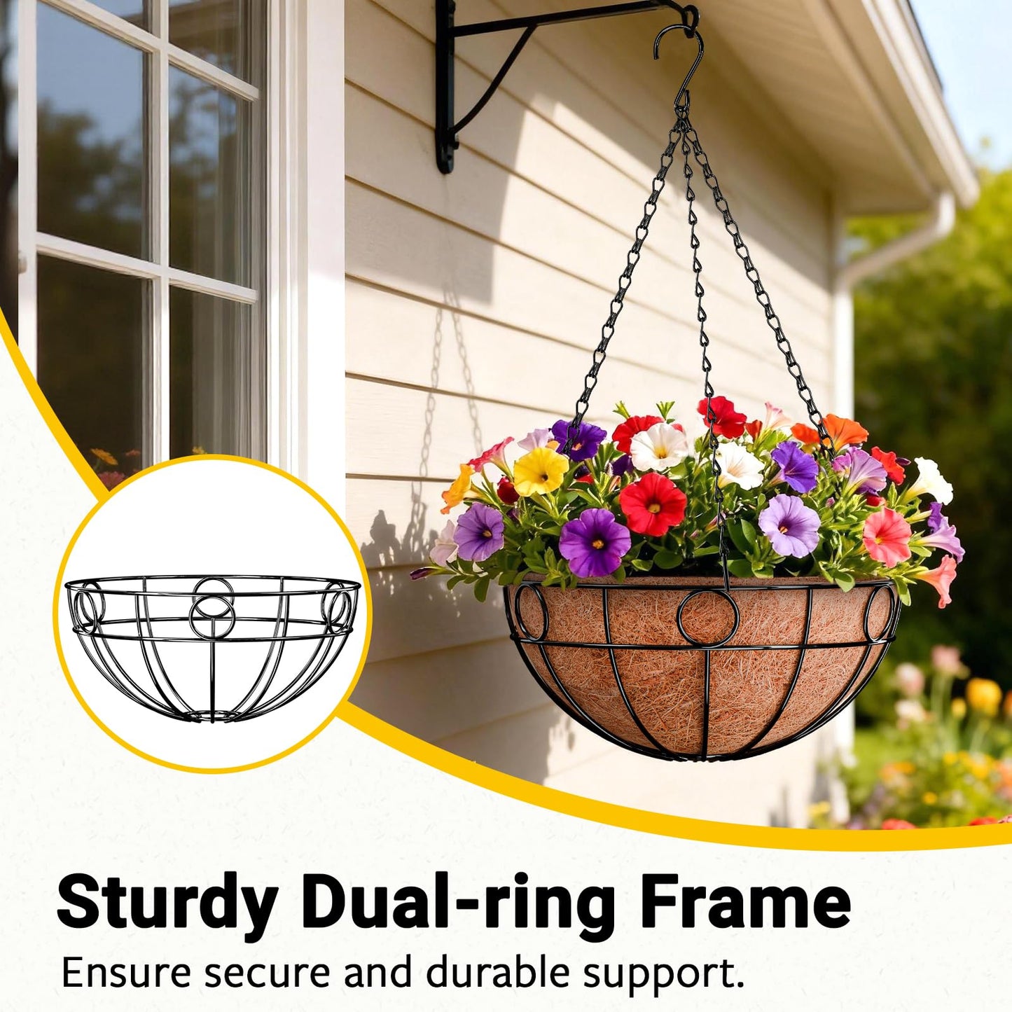 ZeeDix 16 Inch Large Hanging Baskets for Plants Outdoor, 2 Pack Round Metal Wire Planter Basket with Coco Coir Liner, Hanging Flower Pots for Garden Yard Patio Porch Balcony Decor