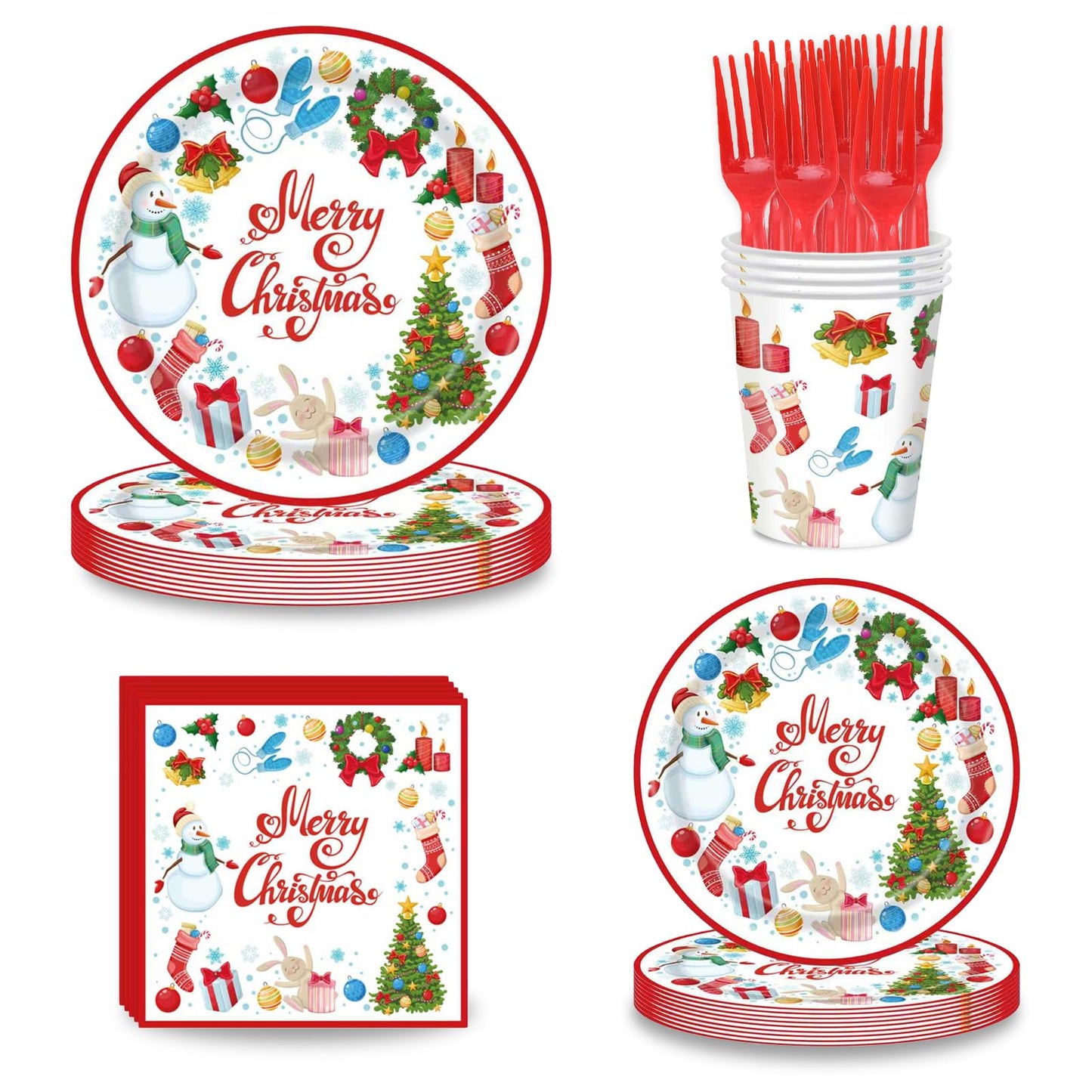 Slynxr 125PCS Christmas Party Supplies with Christmas Paper Plates and Napkins, Paper Cups & Forks Disposable Holiday Snowman Snowflake Party Supplies Decoration Serves 25