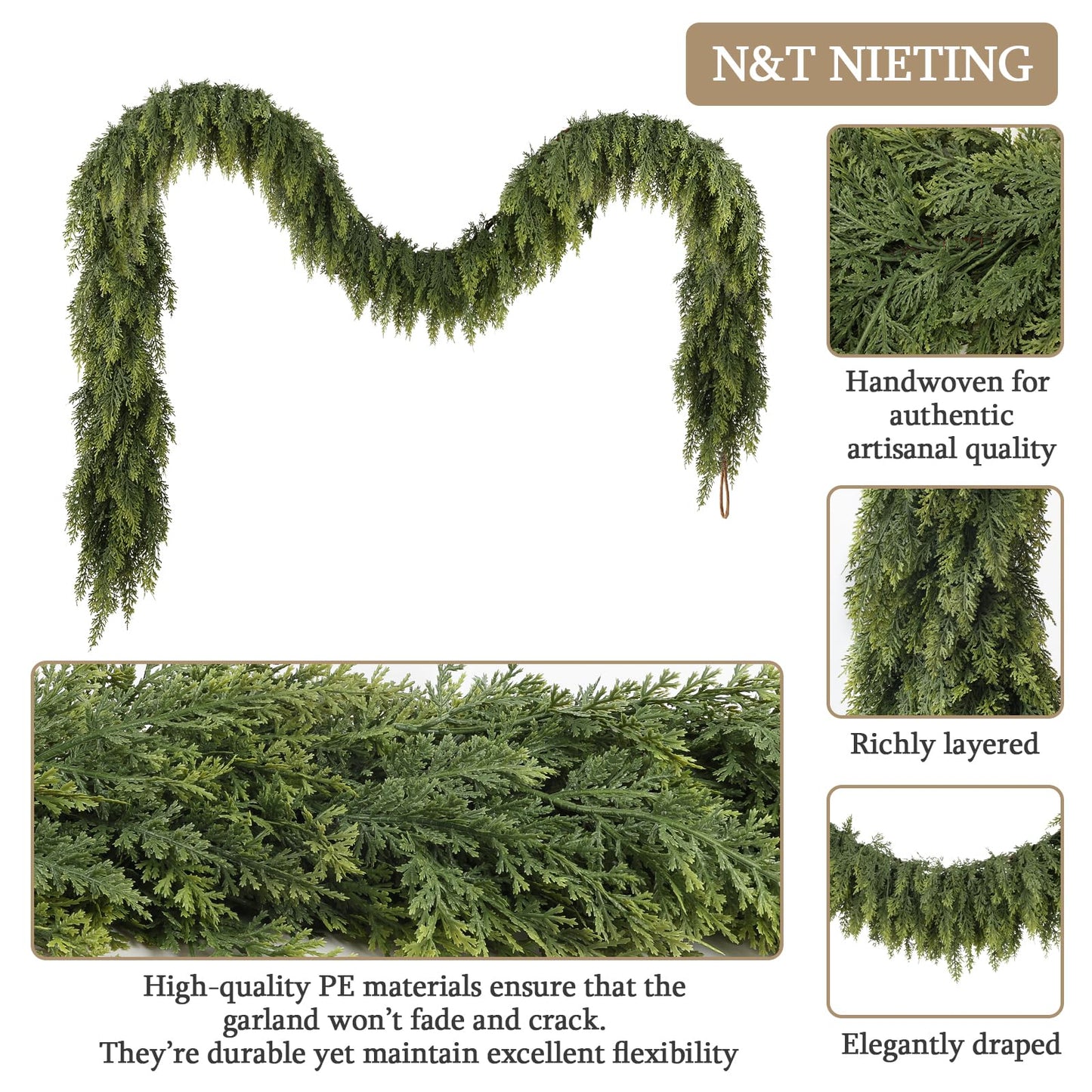 2 Pcs 9ft Christmas Cedar Garland with Soft Thickness Pine, Artificial Green Faux Cedar Pine Garland for Mantle Fireplace Indoor Outdoor Holiday Party Home Decoration