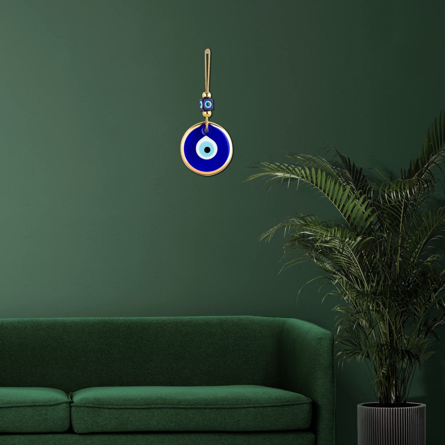 BCS Blue Evil Eye Wall Decor Gold Border Design 4.3" Glass Evil Eye Hanging Ornament for Home, Office, Garden, Door Turkish Greek Handmade Nazar Amulet Good Luck and Protection Charm - Ojo Turco