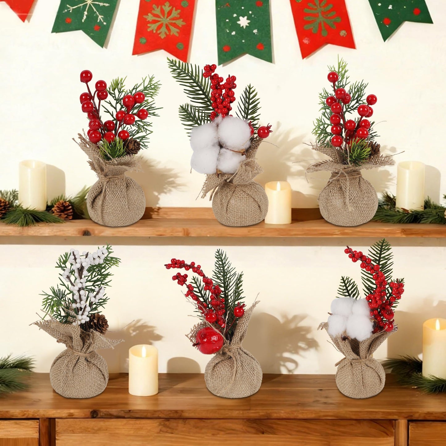 winemana 6 Pcs Mini Christmas Tree Table Decorations, 8" Small Artificial Trees with Red Berries Pine Cone Greenery Tabletop Centerpiece for Home Office Room Holiday Decorations