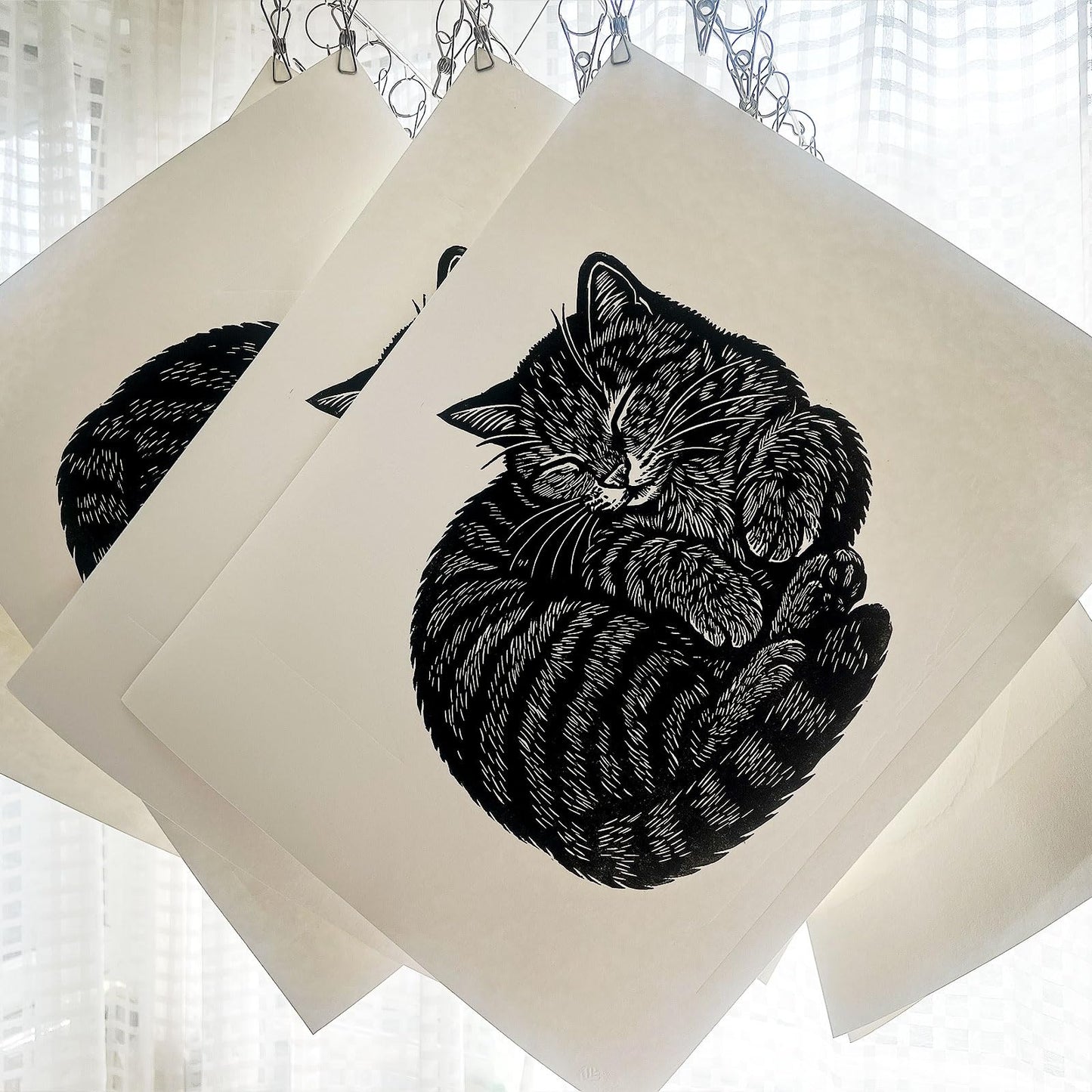 Caelumis Sleeping Cat Wall Art, Black and White Framed Cat Print, Woodcut Style Cat Wall Decor for Living Room, Bedroom or Office, 20 x 16 Inches