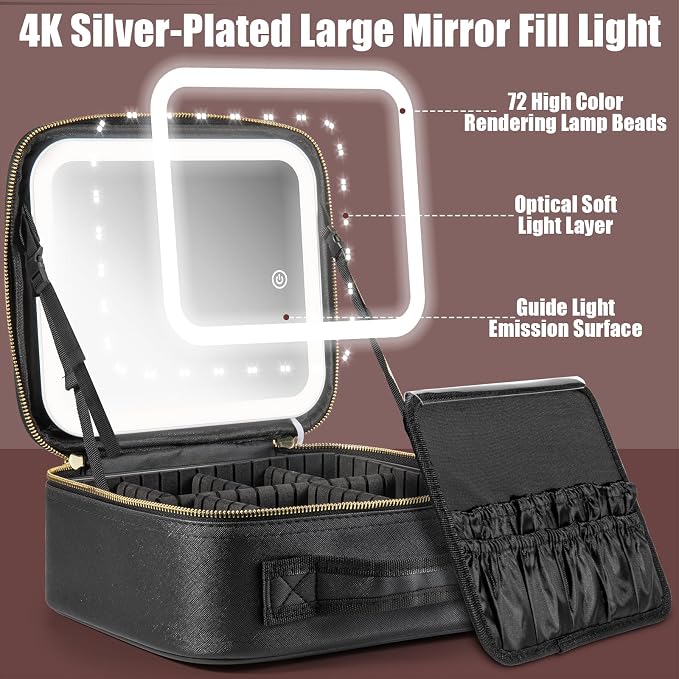 Extrei Gent Makeup Travel Train Case with Mirror LED Light 3 Adjustable Brightness Large Cosmetic Bag Portable Storage Adjustable Partition Waterproof Makeup Brushes Make up Jewelry Gift for Women