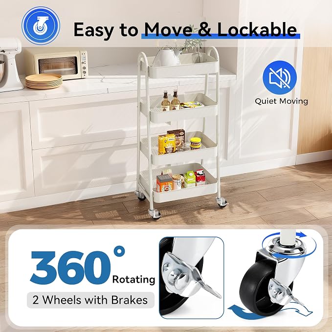 OLIXIS Metal 4 Tiers Utility Rolling Cart, Mobile Storage Shelf with Lockable Caster Wheels, Organization for Livingroom, Bathroom & Narrow Places, 4-Tier White