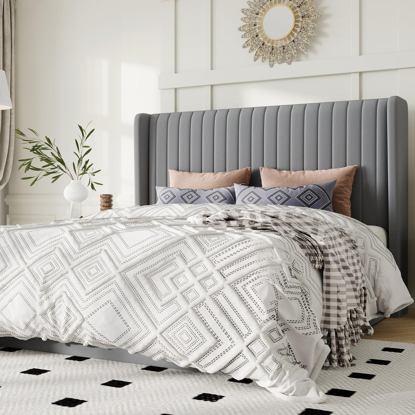 Allewie Queen Size Lift Up Storage Bed Frame, Hydraulic Support System, Upholstered Platform Bed Frame, Underneath Storage, Vertical Channel Tufted Headboard with Wingback, No Box Spring Needed, Grey