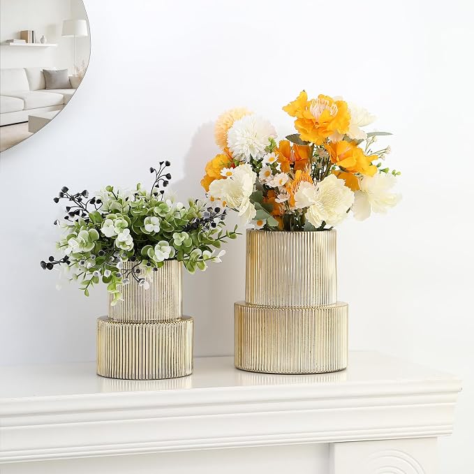 Ribbed Glass Vases for Bouquet, Set of 2 Gold Vases for Flowers, Gold Glass Vase for Tulips, Modern Vase for Living Room, Office, Coffe Table, Dining Table, Shelf, Wedding