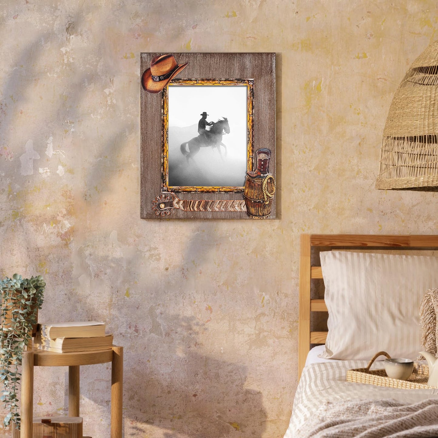 OKSQW 8 x 10 Rustic Wood Picture Frame with Cowboy Design, Solid Wooden Photo Frame with High Definition Glass, Cool Handicrafts Tabletop or Wall Mounting Great for Display for Farmhouse Home Decor