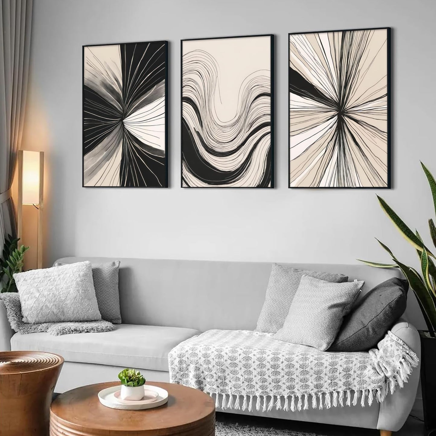 3Pcs Abstract Line Wall Art Modern Boho Neutral Line Wall Decor Mid-Century Paintings Geometric Minimalist Black and Beige Posters prints Artwork for Living Room Bedroom Office Home12x16in Unframed