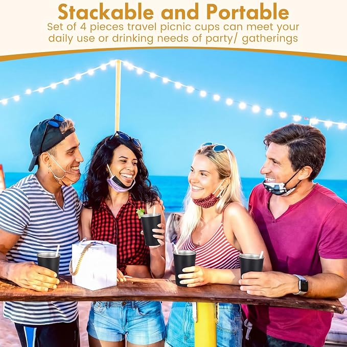 Mimorou 4 Pack 16 oz Stainless Steel Pint Cups Metal Cups Unbreakable Drinking Water Tumblers Stackable Tumbler for Adults Bar Home Restaurant Travel Picnic Camping Outdoor (Black)