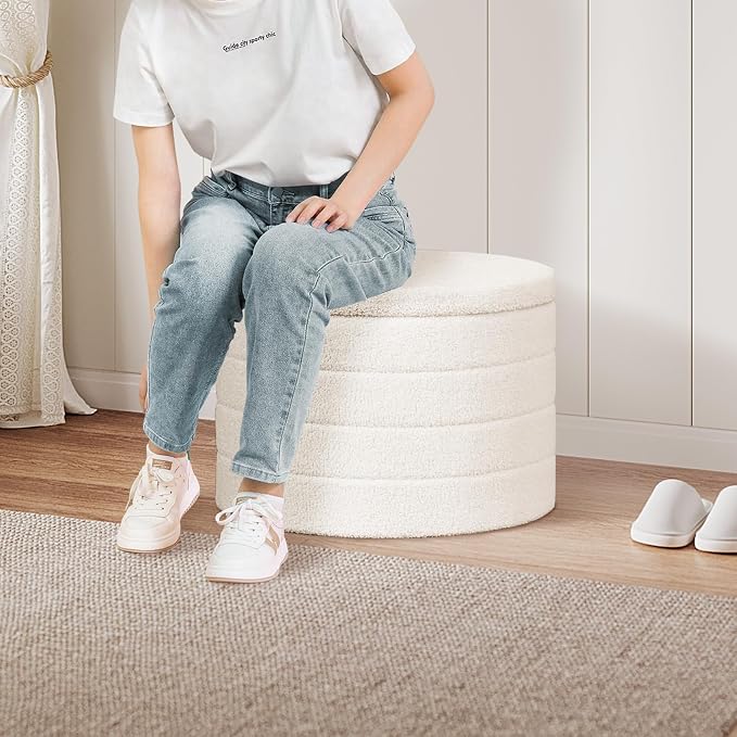 PINPLUS Round Ottoman with Stroage, Boucle Storage, Foot Stool Foldable Coffee Table Ottoman for Living Room, Bedroom, Dorm (White)