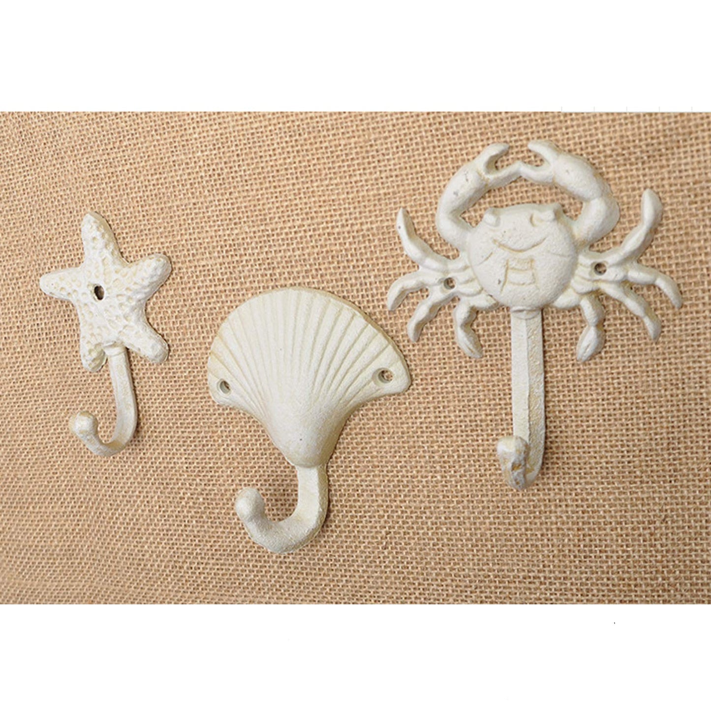 MY MIRONEY 3-Piece Starfish Seashell Crab Coats Hooks White Beach Ocean Theme Decorative Wall Hooks with Screws