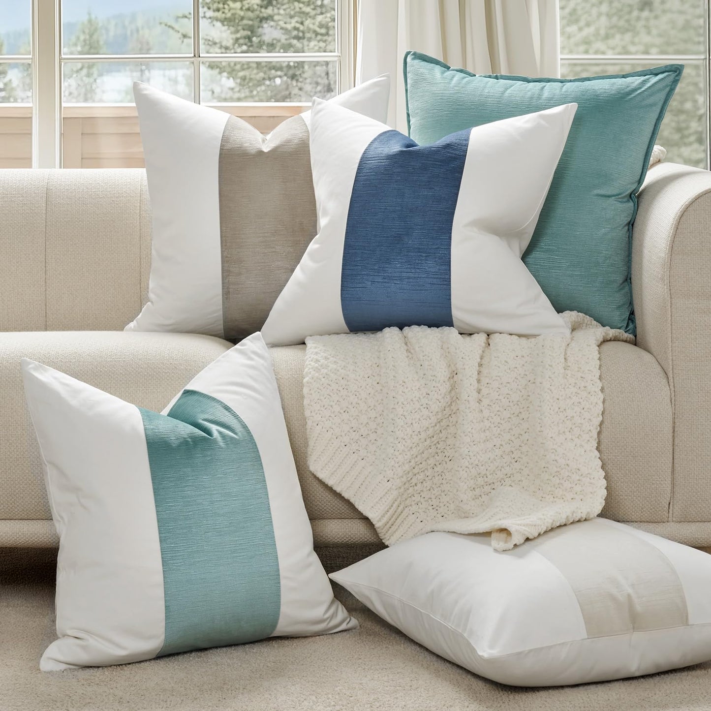 EVERGRACE x Kinsey Walsh Signature Velvet Panel Cotton Pillow Covers Set of 2, Decorative Pillow Covers 22"x22" for Couch, Square Cushion Cases for Sofa Bedroom Living Room, Blue Topaz