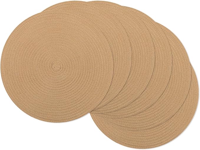SHACOS 15 inch Round Braided Placemats Set of 6 Cotton Polyester Heat Resistant Round Table Mats Washable Place Mats for Dinner Party Table Decoration (Camel, 6)