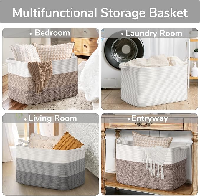 Goodpick 85L Large Woven Basket 23.6" x 15.7" x 13.8" Cotton Rope Storage Baskets for Organizing, Decorative Blanket Basket for Living Room Bedroom, Toy Baskets Storage Kids, Gray
