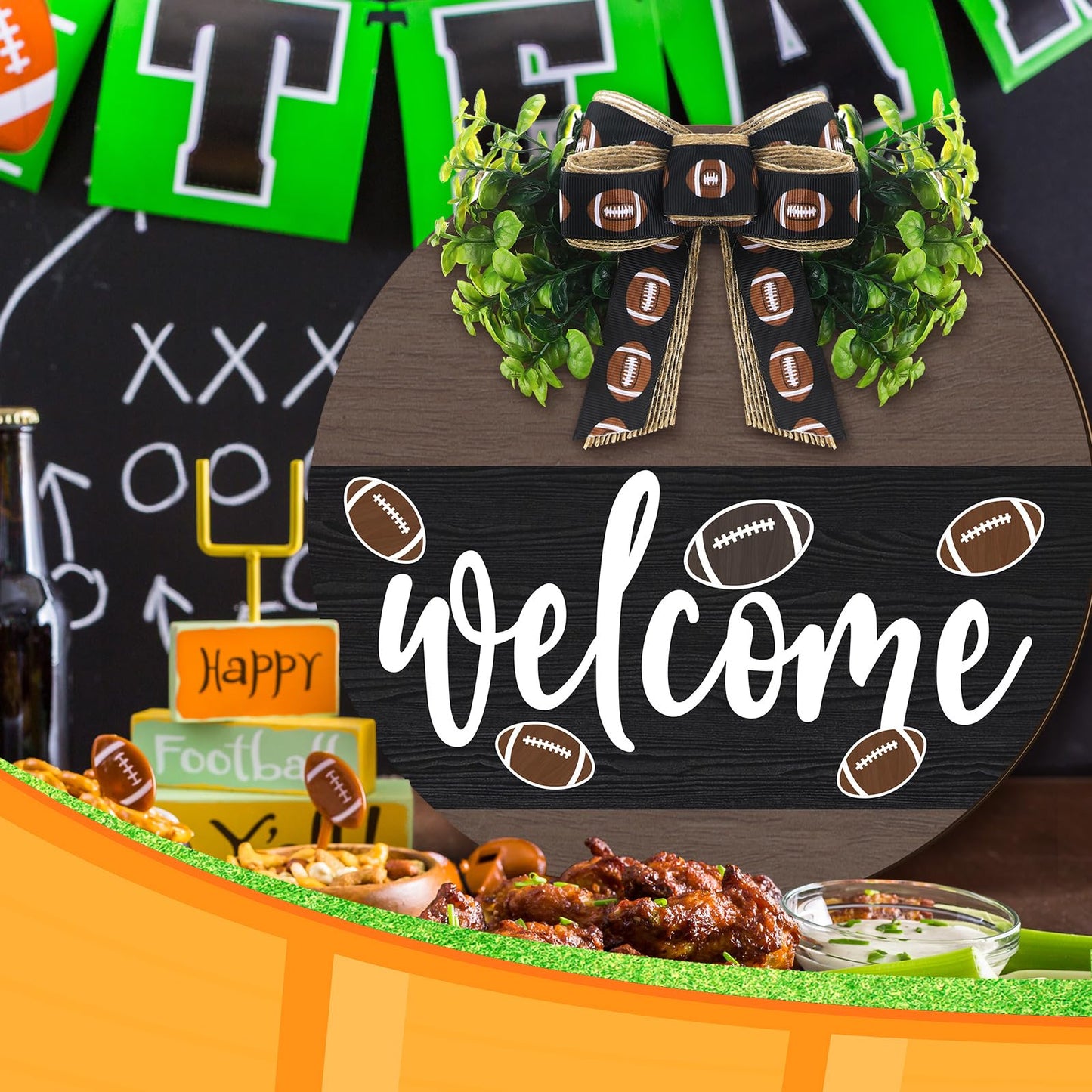 Moucuny Football Wreath for Front Door Football Wooden Welcome Hanging Sign Wreaths with Bow Farmhouse Wall Decoration for Home Front Porch Decor