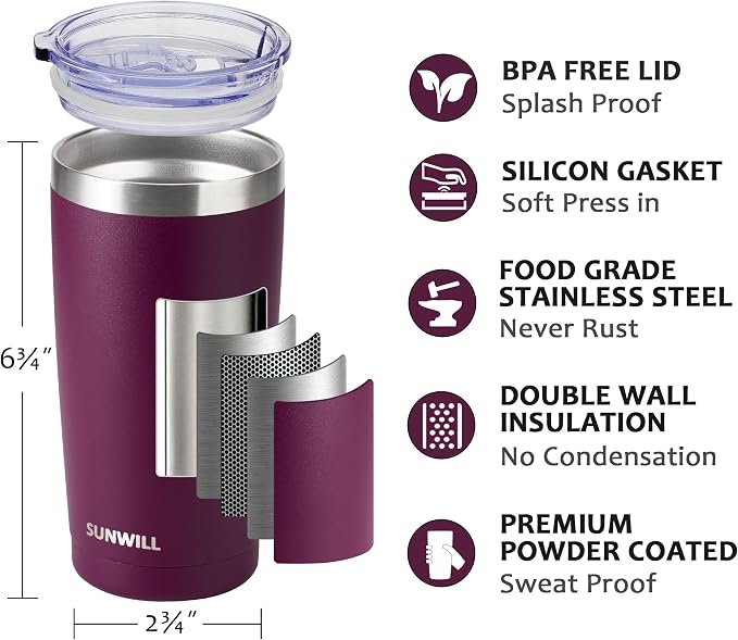 SUNWILL Travel Coffee Tumbler 20 oz, Insulated Mug with Lid, Stainless Steel Cup for Hot and Cold Drinks, Powder Coated Plum