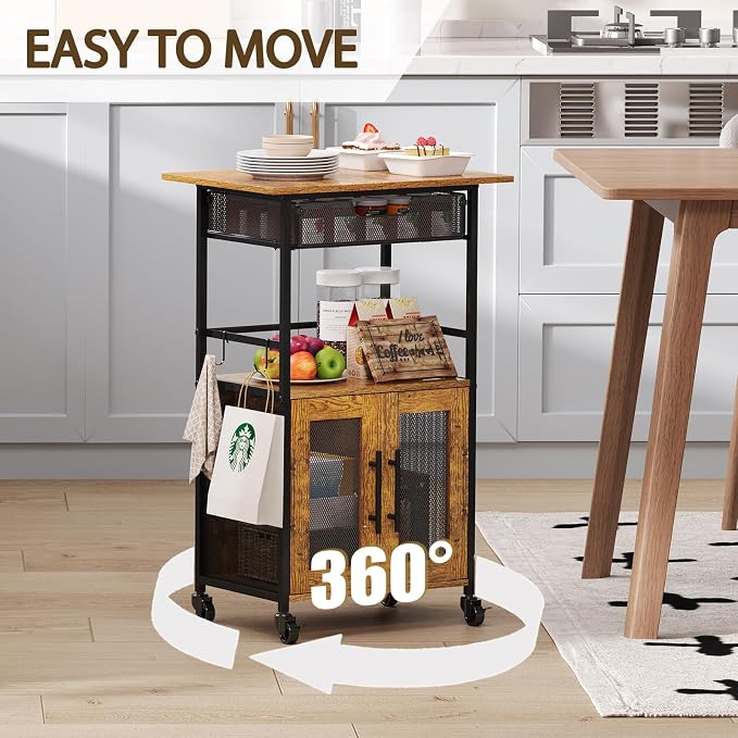 3 Tier Slim Rolling Coffee Cart with 2-Door & Pull-Out Wire Basket Drawer, Coffee Bar Cabinet on Lockable Casters, 32.7" H Microwave Cart with Storage for Home, Kitchen, Dining Room (Rustic Brown)