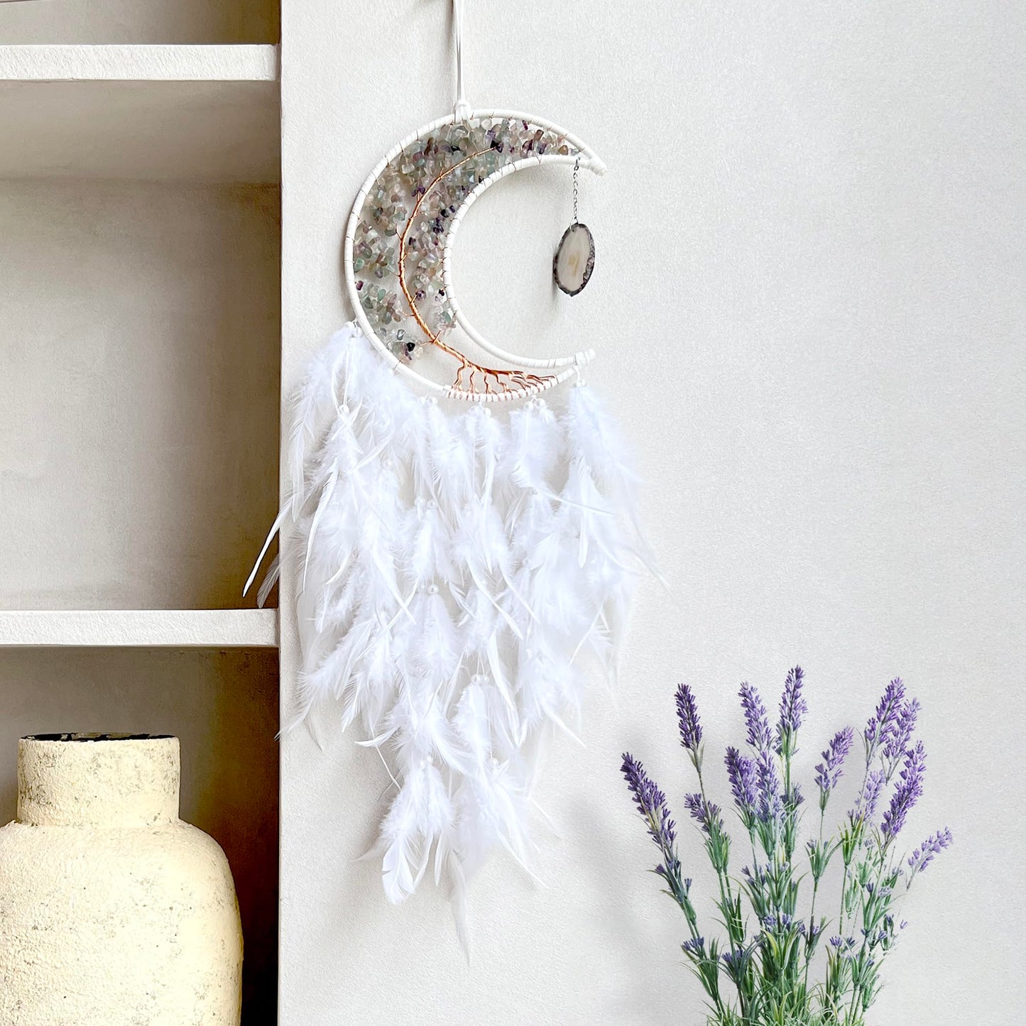 Moon Dream Catchers with Chakra Gemstone Agate Stone, Crystal Tree Life Dream Catchers Wall Hangings Room Decor (White)