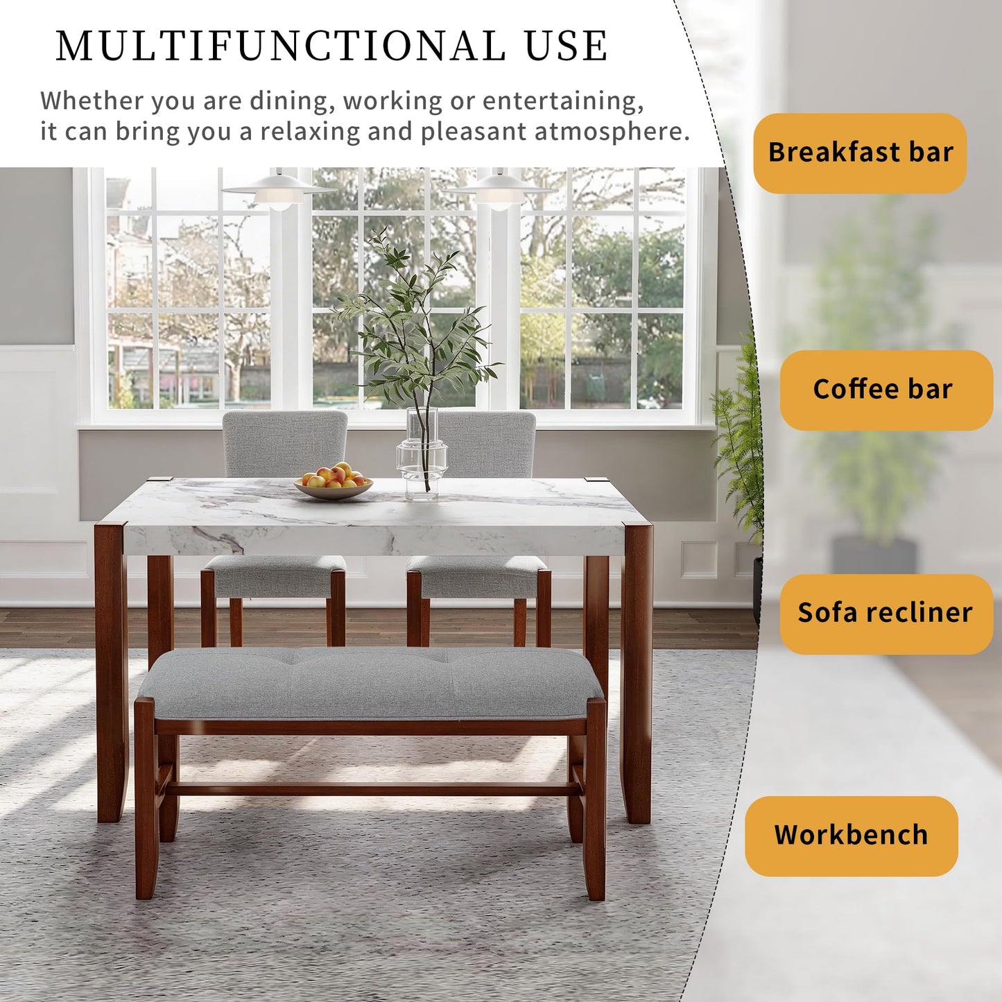 GDFStudio 4 Piece Faux Marble Dining Set with Bench, 46.6" Kitchen Table with 2 Upholstered Chairs, Rubber Wood Legs, Modern Space Saving Furniture for Dining Room, Gray