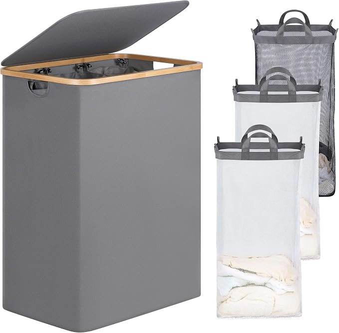 efluky Laundry Hamper with Lid, Trio Laundry Basket with 2 Removable Bags, 3 Section Laundry Bin with Bamboo Handles for Bathroom, Bedroom & Laundry Room, 160L (42.3 Gallon) Silver Grey