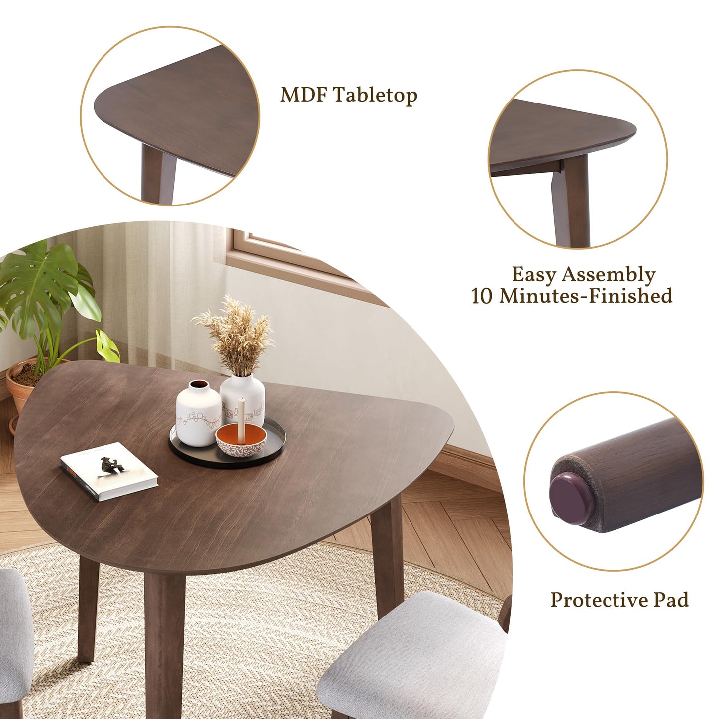 Merax 3-Piece Modern Dining Set, Triangular Side Table & 2 Curved Wood Chairs, Minimalist Space-Saver for Small Living Room, Kitchen, Easy Assembly, Brown