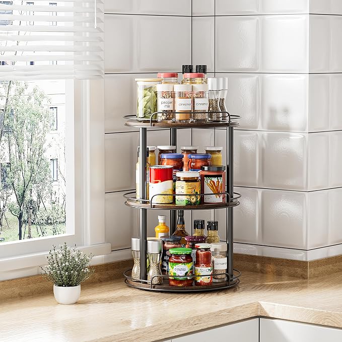 LAMU 10'' Wood Lazy Susan Turntable Organizer for Cabinet, 3 Tier Lazy Susan Spice Rack Organizer for Kitchen, Wood Turntable for Table Top, Countertop, Pantry, Bathroom