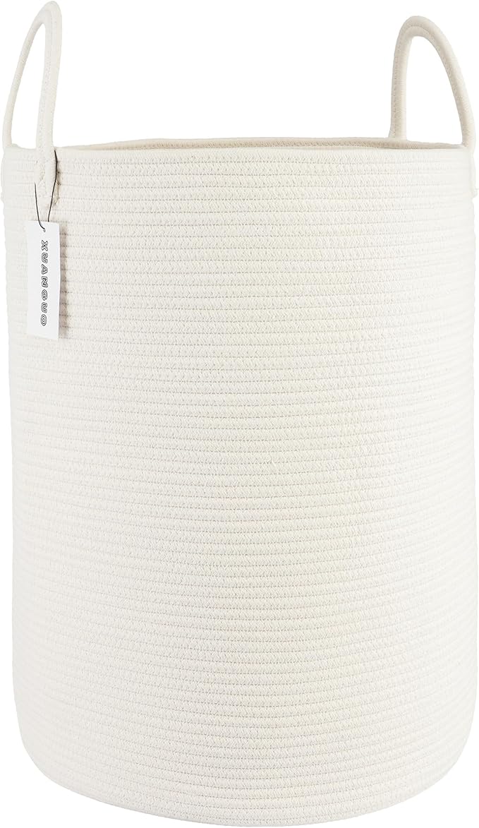 XUANGUO Cotton Rope Laundry Basket Hamper for Clothes Woven Storage Basket for Living Room Bedroom Boho Tall Rope Baskets for Blanket Toys Pillow Towels Baby Nursery Hamper Bin Large white