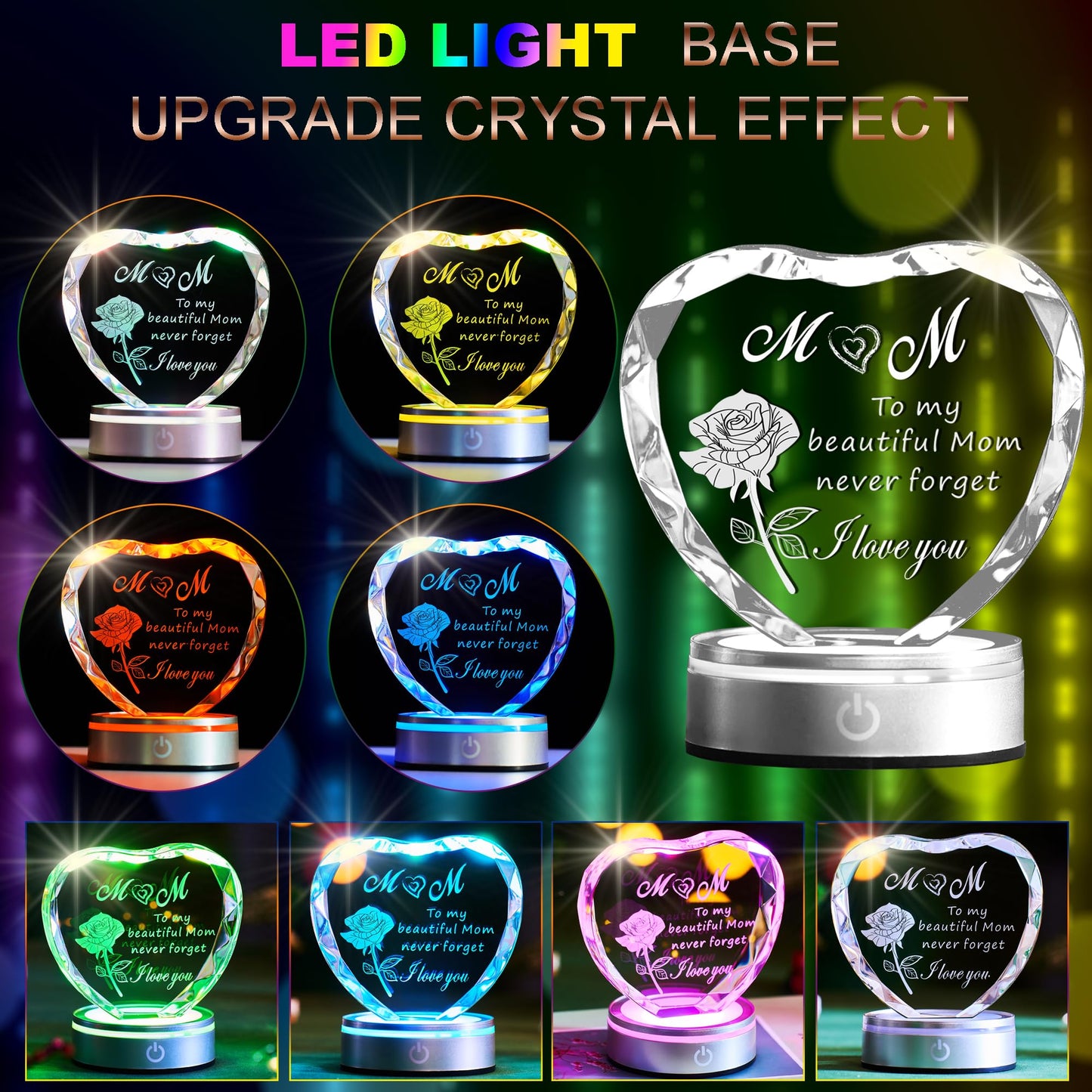 Ghtixsu Heart Shaped Crystal Plaque for Mom, Laser Engraved Gift with Color Changing LED Light Base, Mothers Day Birthday Christmas Gift from Daughter Son