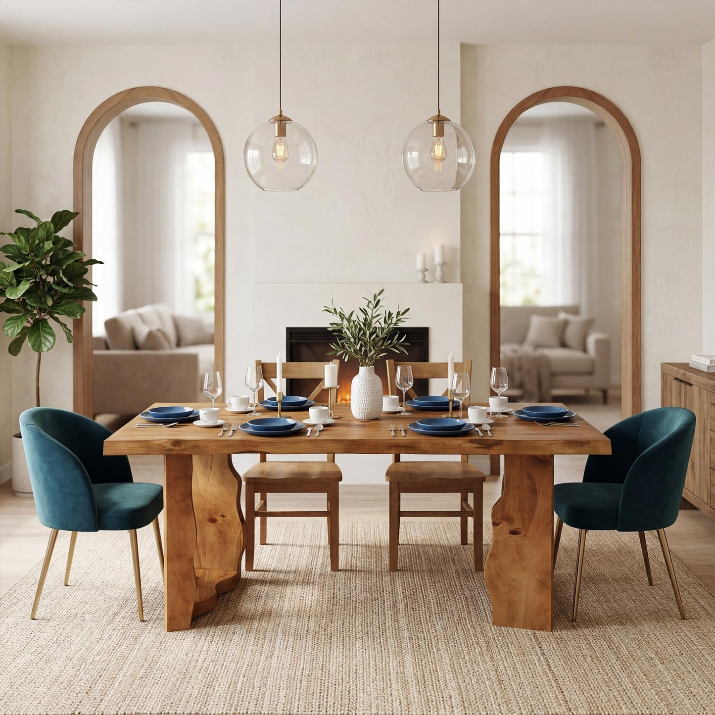TRIBEWOOD 63" Live Edge Solid Wood Dining Table, Modern Rustic Kitchen Table with Sculptural Legs, 6-Person Rectangular Dinner Table for Dining Room, Kitchen,Natural Walnut Finish