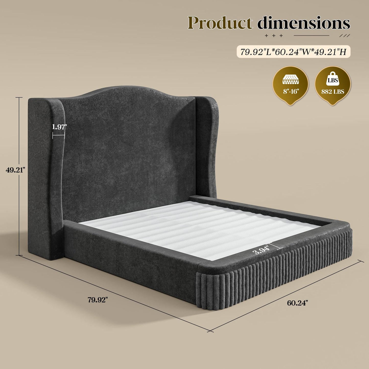 Homkdom Cloud Bed Frame Queen Size, Upholstered Platform Bed with Extra High Wingback Headboard, Shimmering Fabric & Thick Corduroy Design for Stability, No Box Spring Needed, Easy Assembly, Black