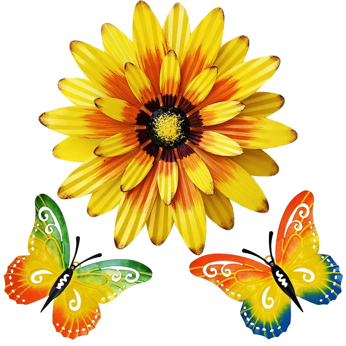 Meduofon Metal Flowers Wall Decor and Butterfly Wall Art, 3 Pack Metal Outdoor Wall Art Decor, Fence Art Wall Sculptures for Indoor Outside Garden Patio Decorations (Yellow&Green)