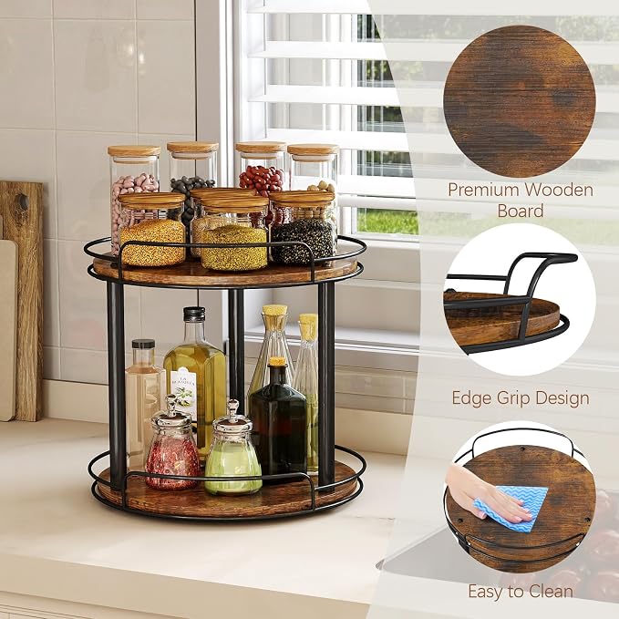 LAMU 10'' Wood Lazy Susan Turntable Organizer for Cabinet, 2 Tier Lazy Susan Spice Rack Organizer for Kitchen, Table Top, Countertop, Pantry, Medicine Organizer
