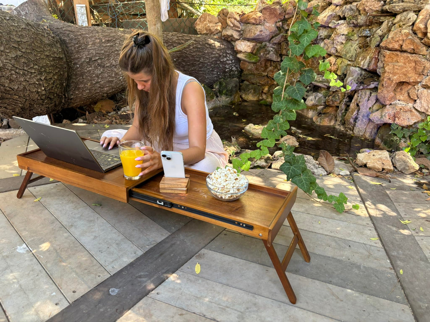 Shaka4Tommy Breakfast Bed Table Tray for Two - One Piece, Dual Use Couple Bed Tray with Cup recesses - Food Trays for Eating on Couch, Space Saving Breakfast Table - Gift Ready - Acacia Wood