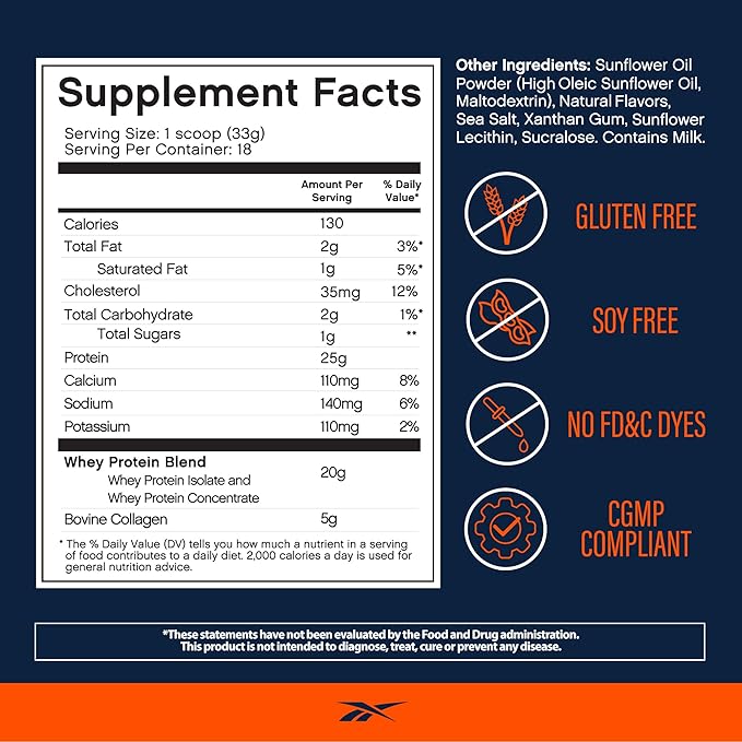 Reebok Whey Protein Powder + Collagen Peptides | 25g Protein with 9 Essential Amino Acids | Muscle Recovery, Joint & Gut Support | Informed-Sport Certified | ReeBuild Vanilla Ice Cream Flavor, 1.3 lb