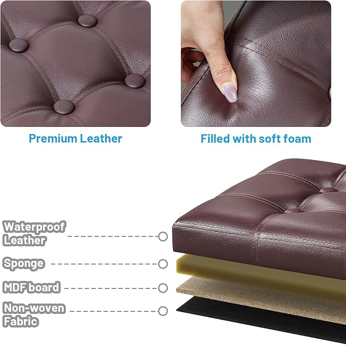Bsketa Storage Ottoman Foot Rest Stool, Small Leather Storage Ottomans Bench, Folding Footstool with Side Pockets, Foot Rest Under Desk for Living Room Bedroom, 17x13x13 in, Brown