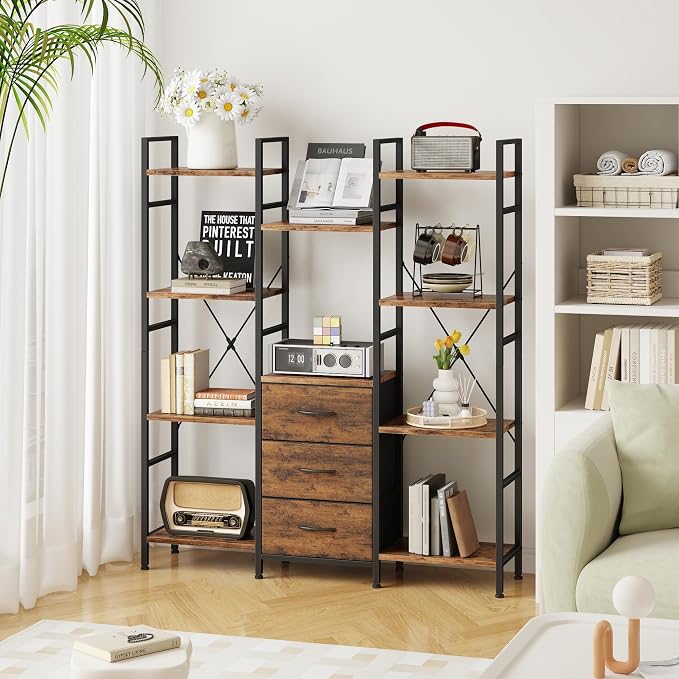 AFLUI Triple Bookshelf with 3 Fabric Drawers, 4-Tier Book Shelf and 10 Display Shelves, Industrial Large Bookcase for Home & Office, Rustic Brown, 47'' Wide