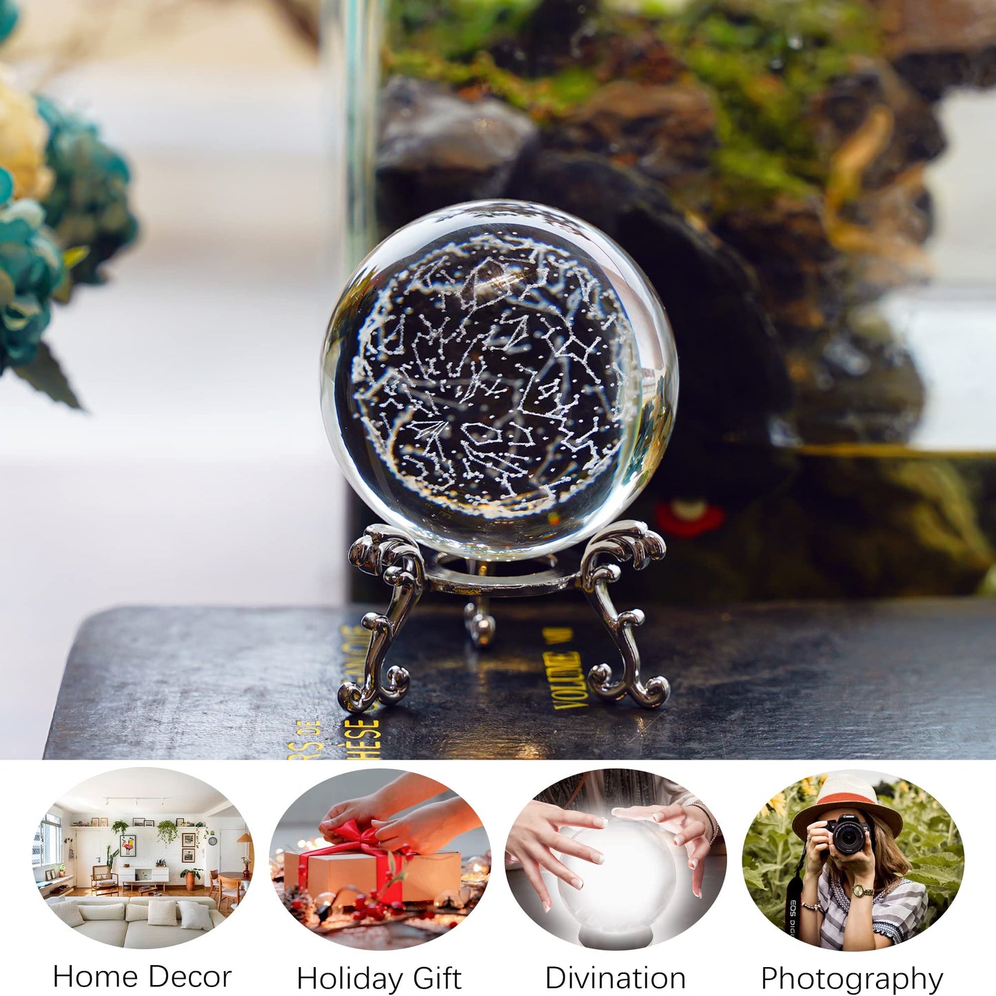 HDCRYSTALGIFTS 3D Laser Engraved Constellation Crystal Ball Paperweight 60mm/2.3inch Glass Decorative Ball Sphere for Home Table Decor