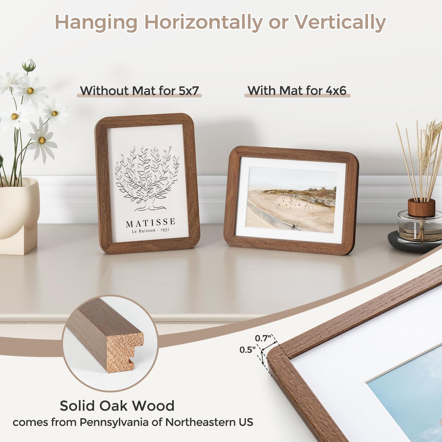 FLYJOE 5x7 Solid Oak Wood Photo Frame | 5x7 Picture Frame With Mat For 4x6 | Plexiglas And Hanging Hardware Included | Walnut Wood (1 Pack)