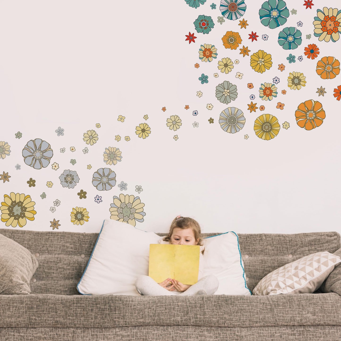 Boho Retro Flower Wall Decal - Retro Floral Decor Stickers,Peel and Stick Bohemian Style Flowers Decals for Kids Bedroom Nursery Playroom Living Room and Bedroom Wall Decorations