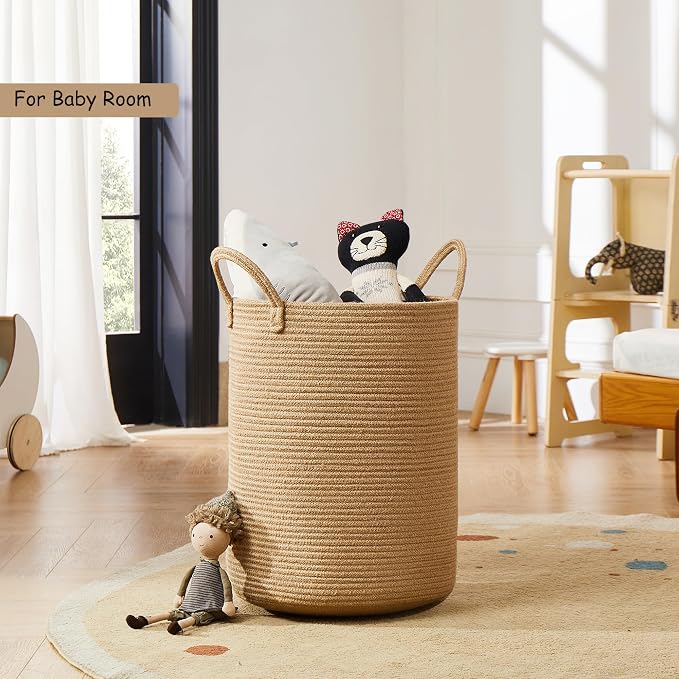 60L Jute Woven Laundry Hamper Basket Wicker Rope Clothes Hamper Tall Rattan Blanket Basket in Living Room Bedroom 15Dx20H Inches Large