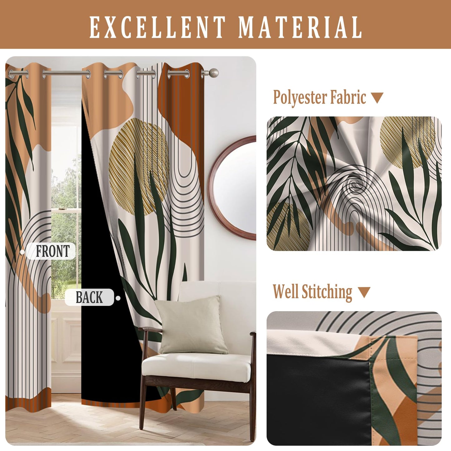 Renaiss Mid Century Boho Blackout Curtains for Bedroom Abstract Palm Leaf Arch Sun Window Curtain Modern Minimalist Art Window Drapes for Living Room Decor Curtains 2 Panels Set, 42x63 Inch