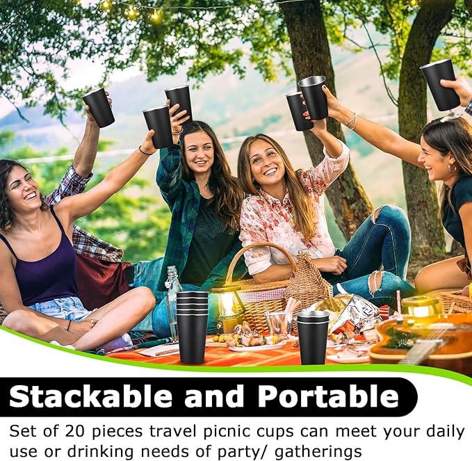 Mimorou 20 Pack 16 oz Stainless Steel Pint Cups Metal Cups Unbreakable Drinking Water Tumblers Stackable Tumbler for Adults Bar Home Restaurant Travel Picnic Camping Outdoor (Black)