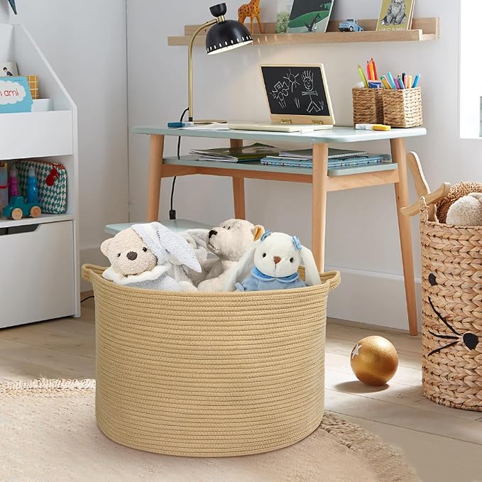 MEGASKET Extra Large Storage Basket, 22" X 22" X 14" Stuffed Animal Basket for Living Room Kids Room, Soft Cotton Rope Bin With Handle, Throw Blanket Storage, Stuffed Animal Toy Organizer Box