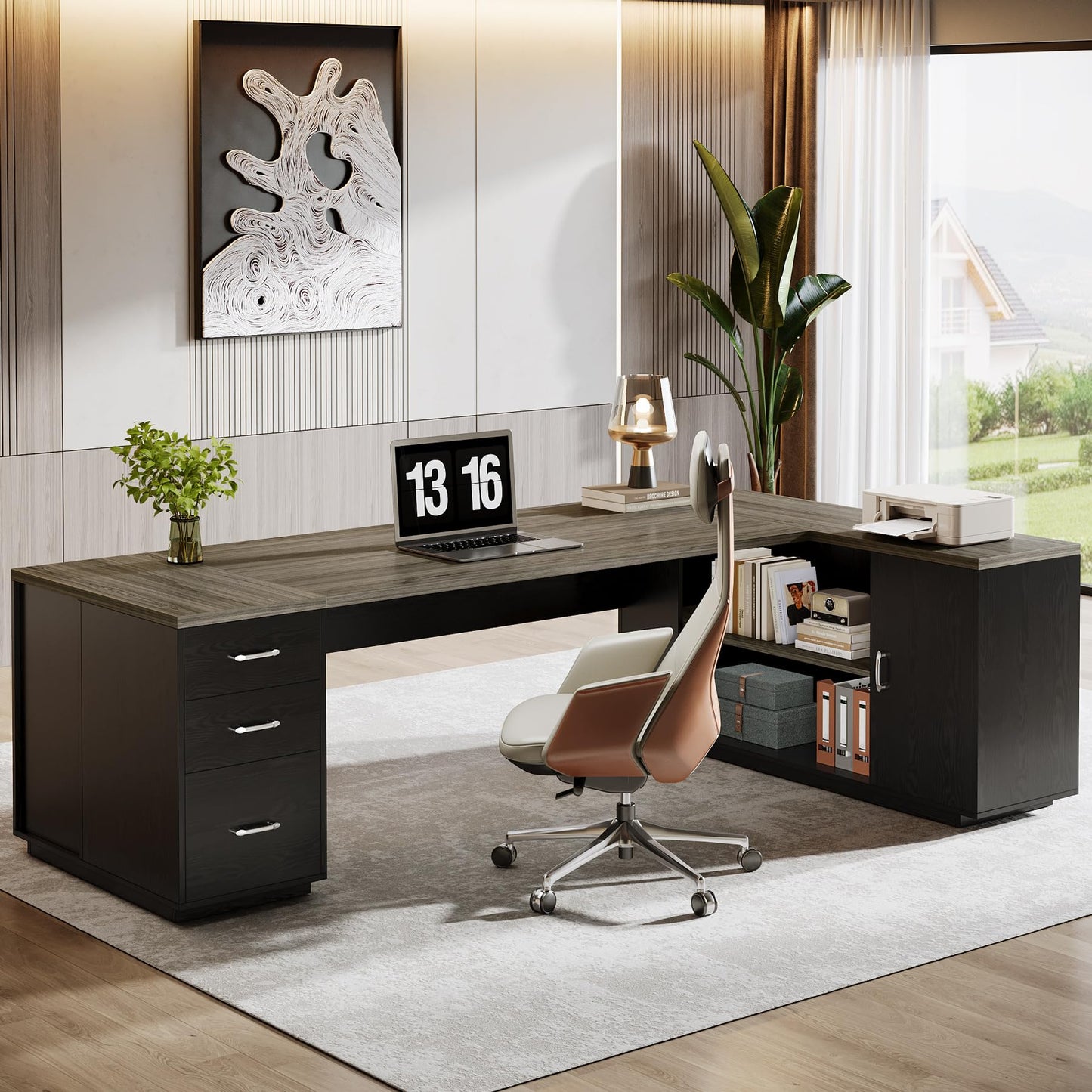 Tribesigns 85.8-Inch L-Shaped Executive Office Desk with File Drawers & Storage Cabinet, Professional Corner Computer Desk Extra Large Business Workstation with Adjustable Shelves (Gray&Black)