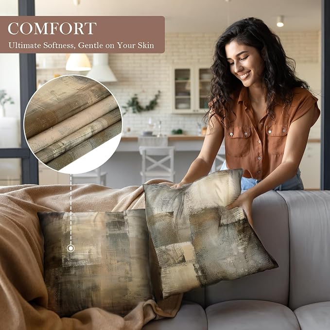 Brown Tan and Gray Throw Pillow Covers,Set of 4 20 x 20 Inch Taupe Modern Art Abstract Painting Home Decor Couch Pillow Covers Neutral Decorative for Sofa Bedroom Living Room